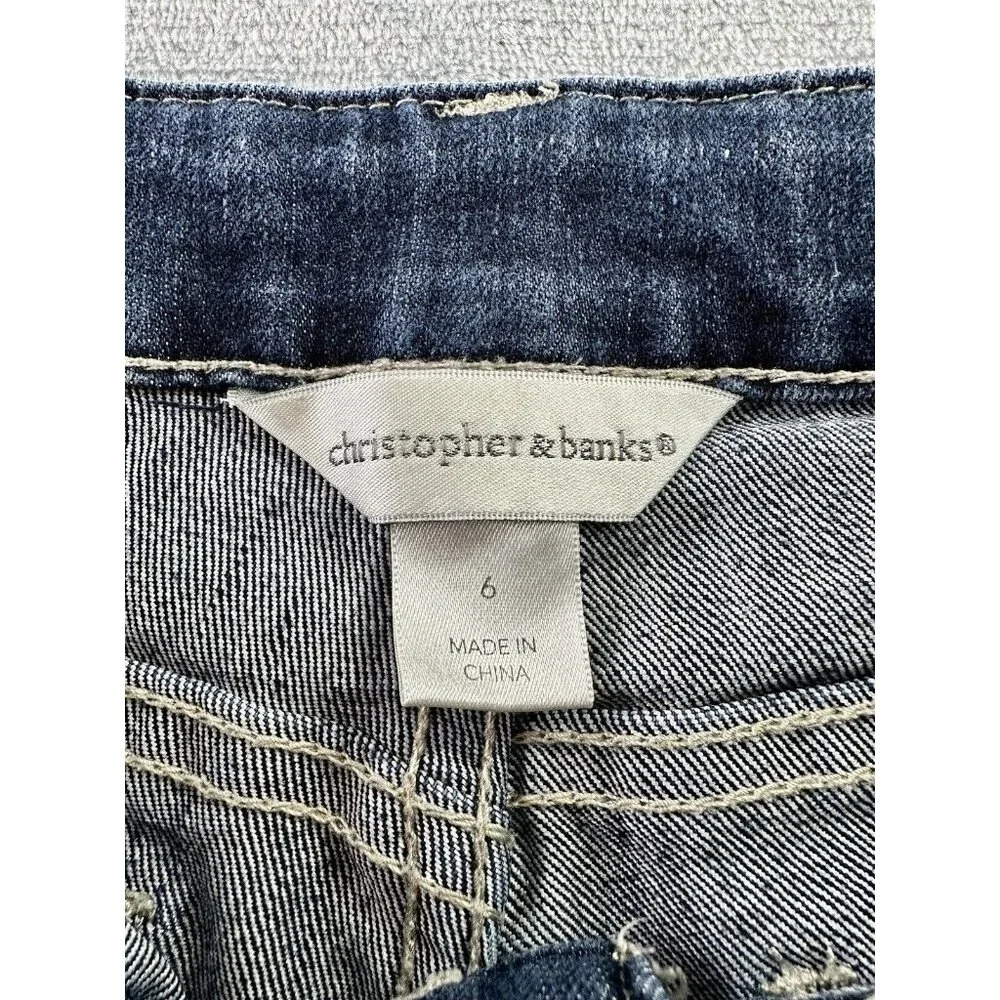 Christopher & Banks Rhinestone Jean Shorts Sz 6 Blue Pockets‎ Flowers Cuffed EUC